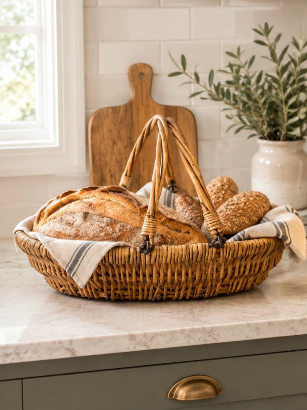 Vintage French Woven Rattan Market Bread Basket Swing Handles Natural Brown 17”